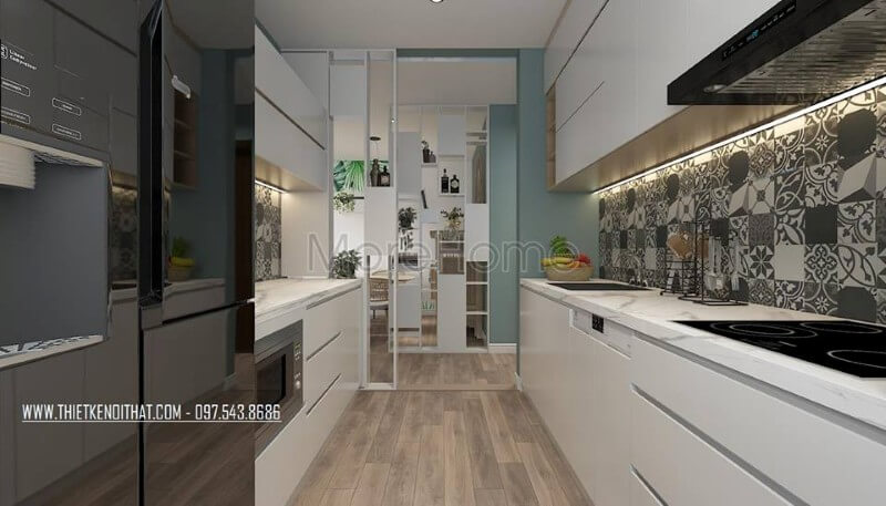 Tủ bếp gỗ acrylic thiết kế kịch trần tạo không gian lưu trữ lớn Thiết kế tủ bếp chung cư