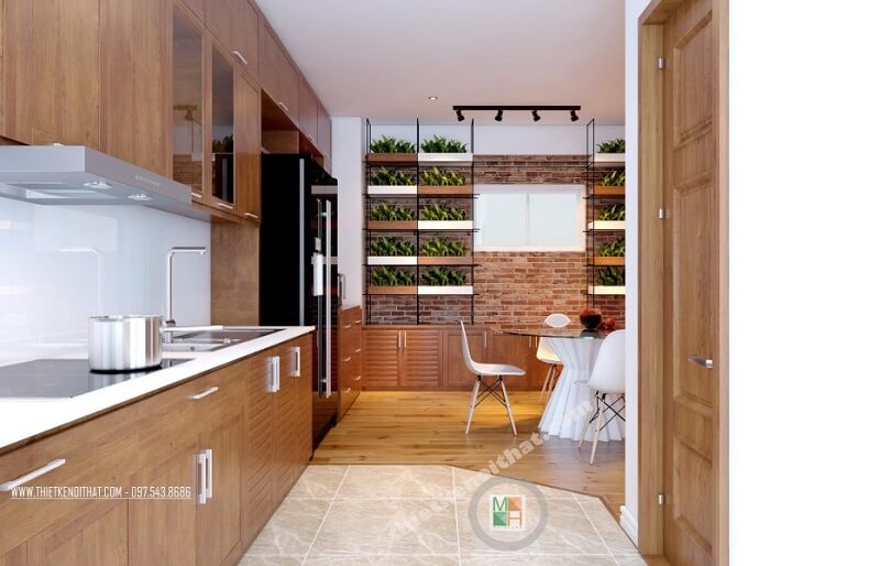 Thiết kế phòng bếp chung cư đẹp với hệ tủ bếp gỗ tự nhiên cao cấp mang đến không gian nấu ăn lí tưởng cho các chi em nội trợ. Thiết kế tủ bếp chung cư