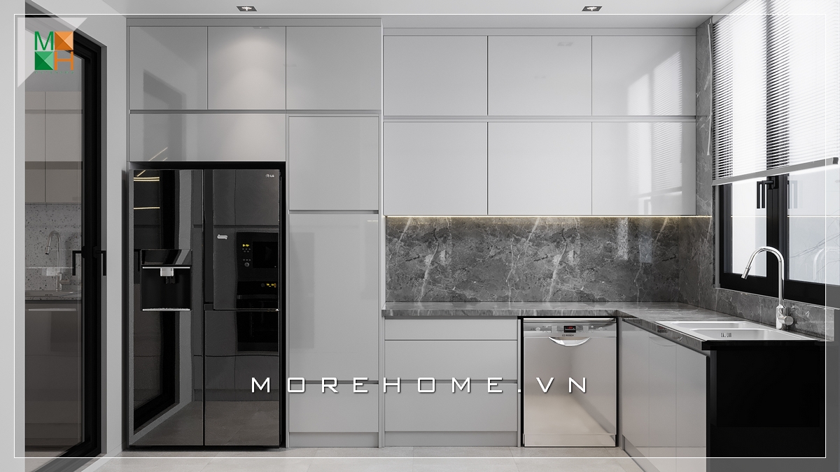 Ấn tượng với mẫu tủ bếp hiện đại thiết kế âm tường màu trắng thiết kế tối giản diện tích và rất gọn gàng Thiết kế tủ bếp chung cư