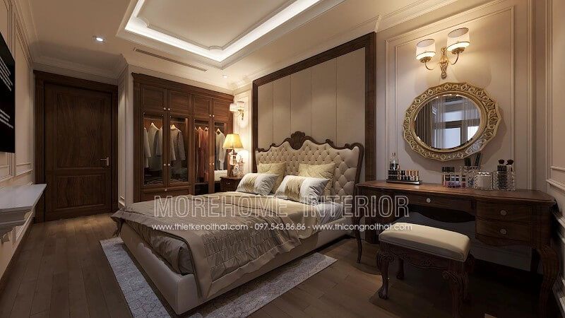 Mẫu giường ngủ gỗ óc chó ấn tượng, phần đầu giường bọc da tân cổ điển cách điệu ấn tượng với phần bọc được chần nút cẩn thận, tạo sự thoải mái giúp gia chủ có thể tựa lưng đọc sách xem phim dễ chịu hơn.