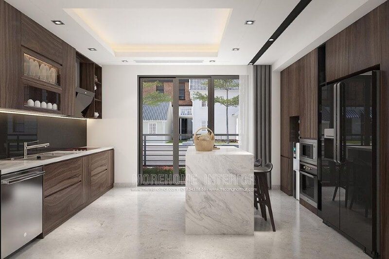 Thiết kế phòng bếp đảo đẹp từ gỗ veneer cao cấp.