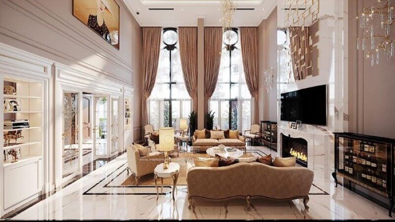 Thiết kế nội thất phòng khách tân cổ điển đẹp, sang trọng tại Vinhomes Imperia Hải Phòng.