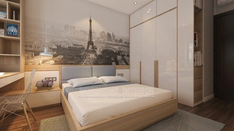 Ý tưởng sáng tạo trong sắp xếp nội thất phòng ngủ nhỏ nhưng tiện ghi với tab đầu giường làm kệ trang trí, tủ quần áo lồng với kệ để đồ cùng đèn thả ấn tượng giúp không gian phòng ngủ luôn đẹp và thông thoáng.